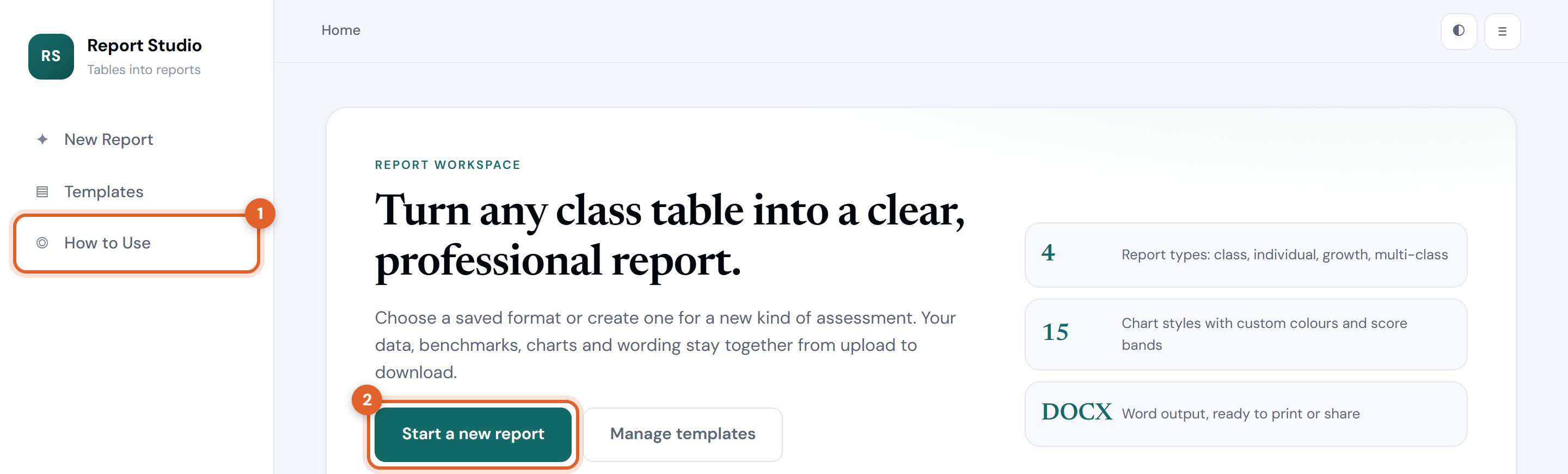 The Report Studio home page with the How to Use sidebar link and the Start a new report button ringed.