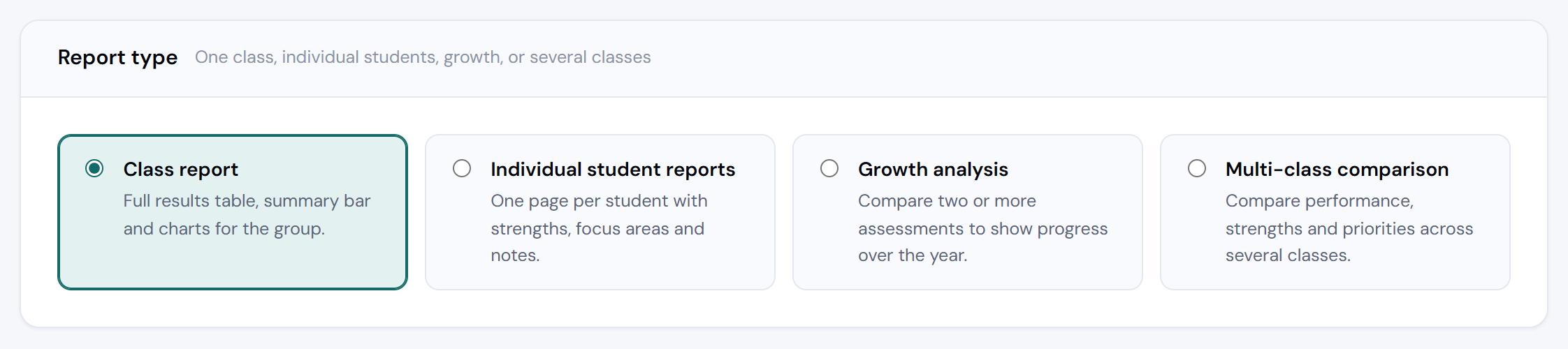 Report type panel with class, individual, growth and multi-class options.