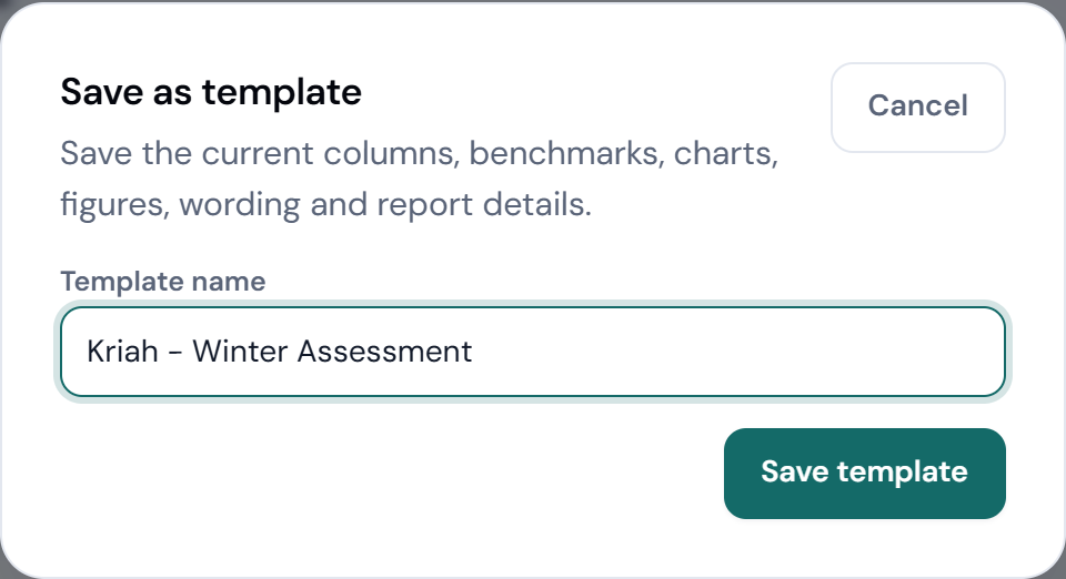 Save as template dialog with a name field.