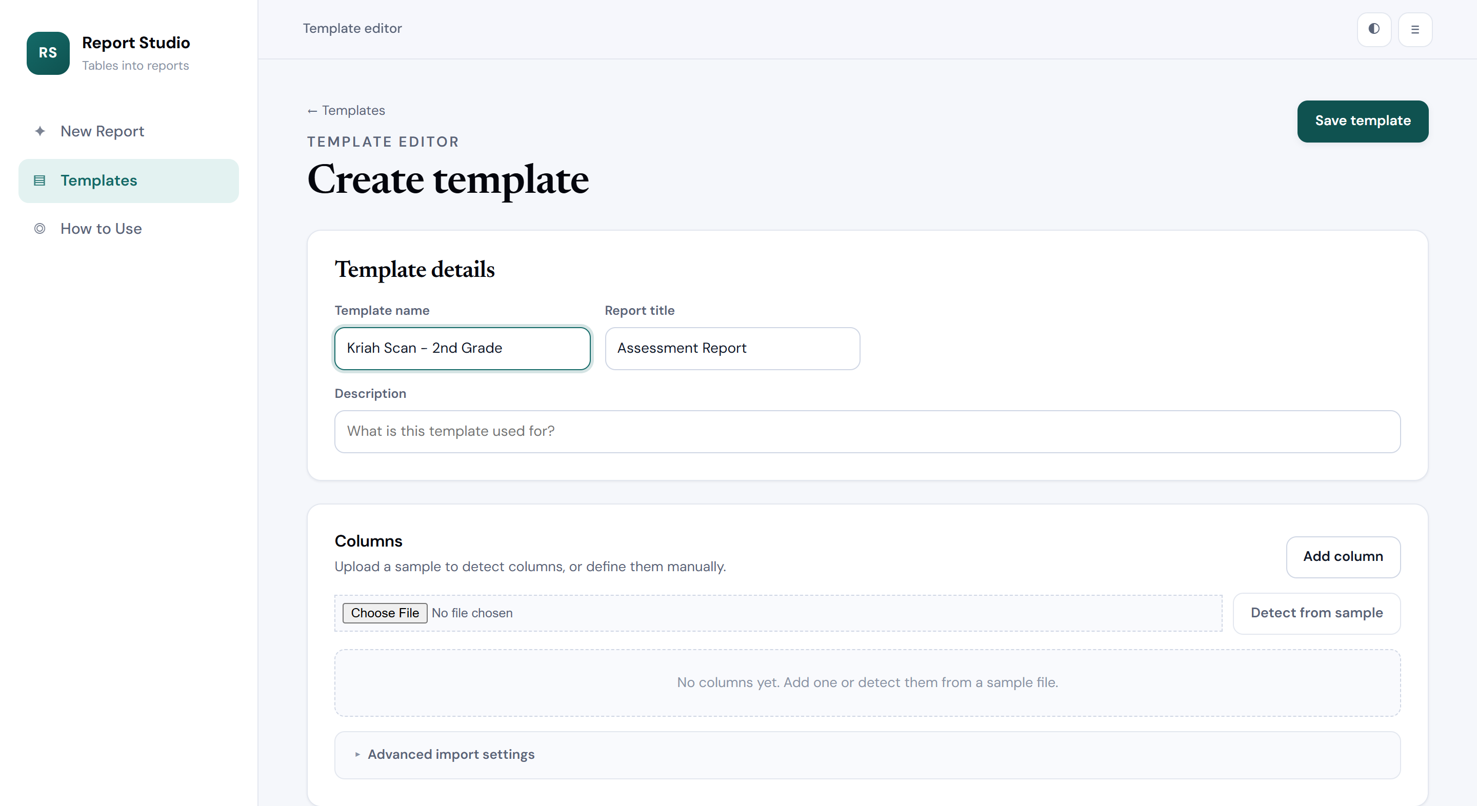 Template editor showing template details and the column list.